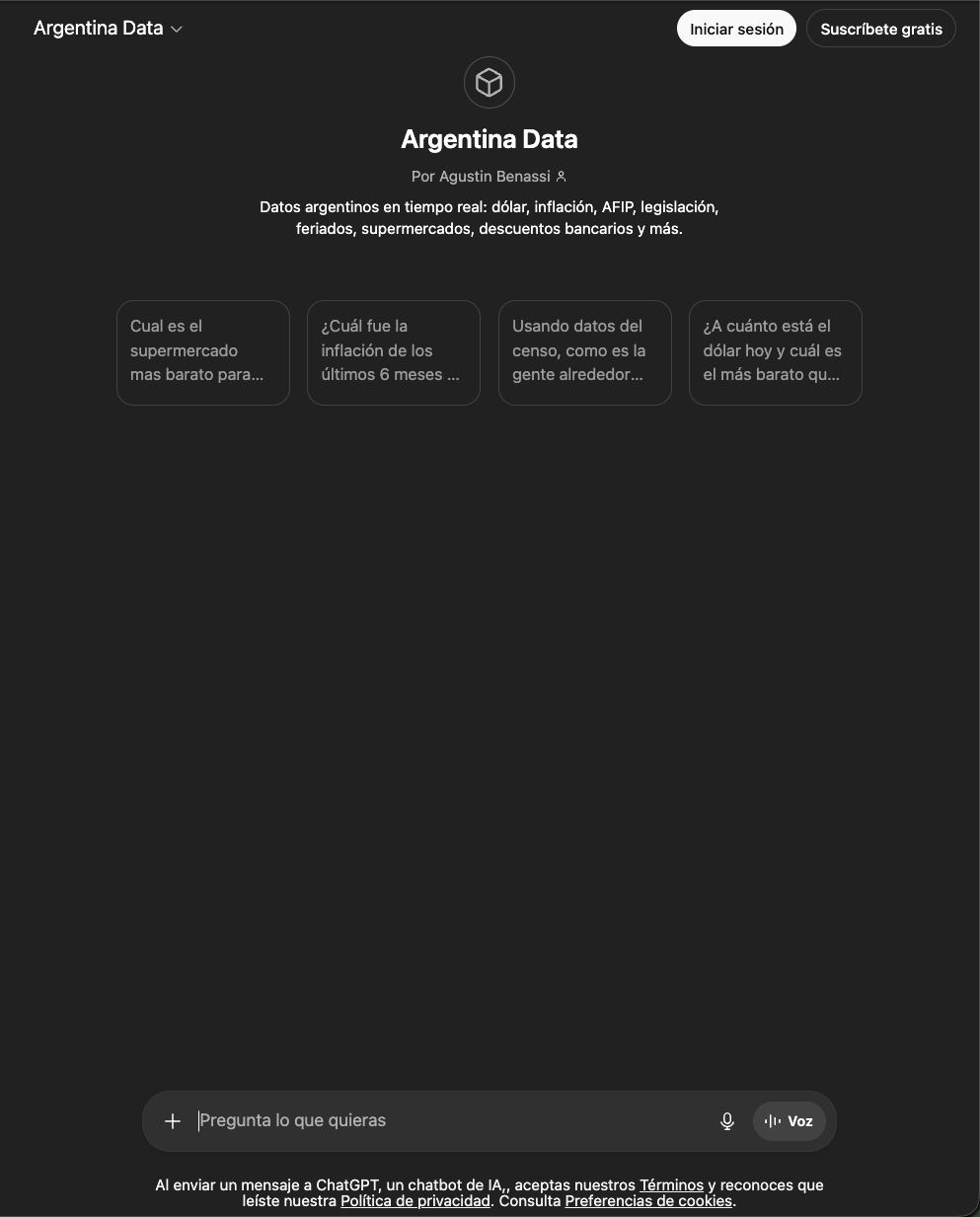 Pagina del Custom GPT Argentina Data en ChatGPT con conversation starters