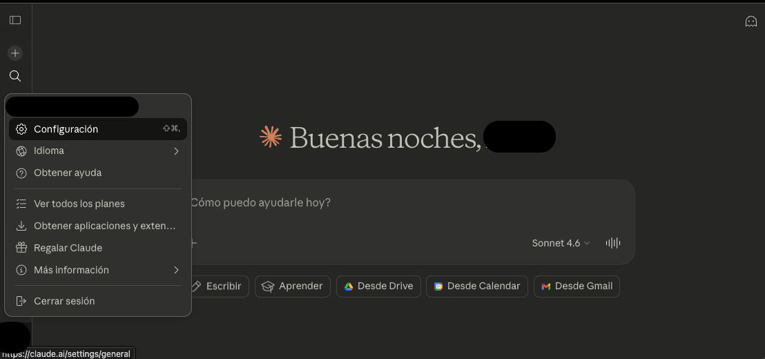 Menu de Claude con Configuracion
