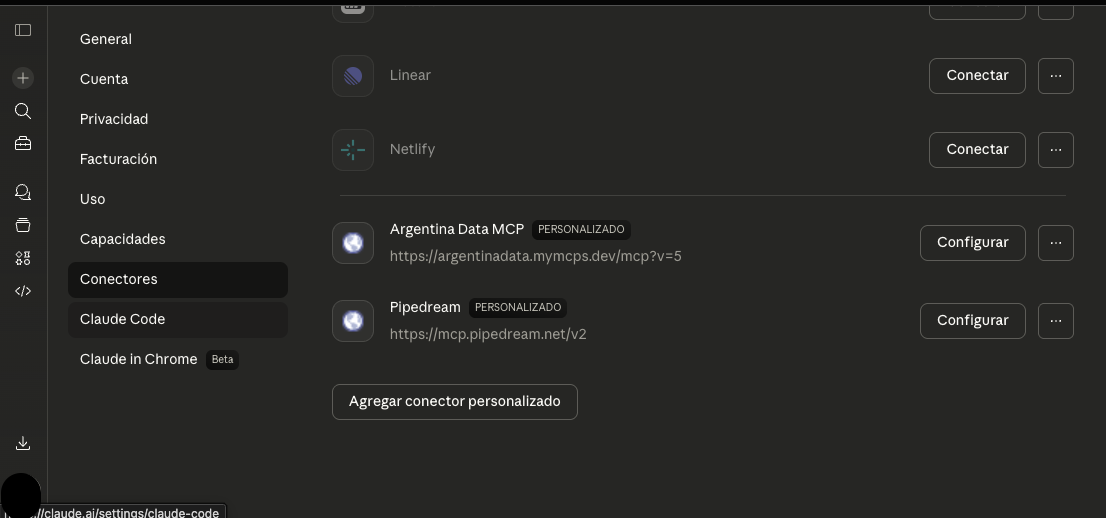 Seccion Conectores con boton Agregar