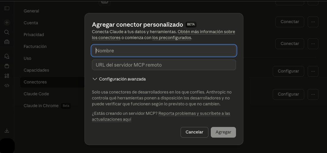 Modal con nombre y URL completados