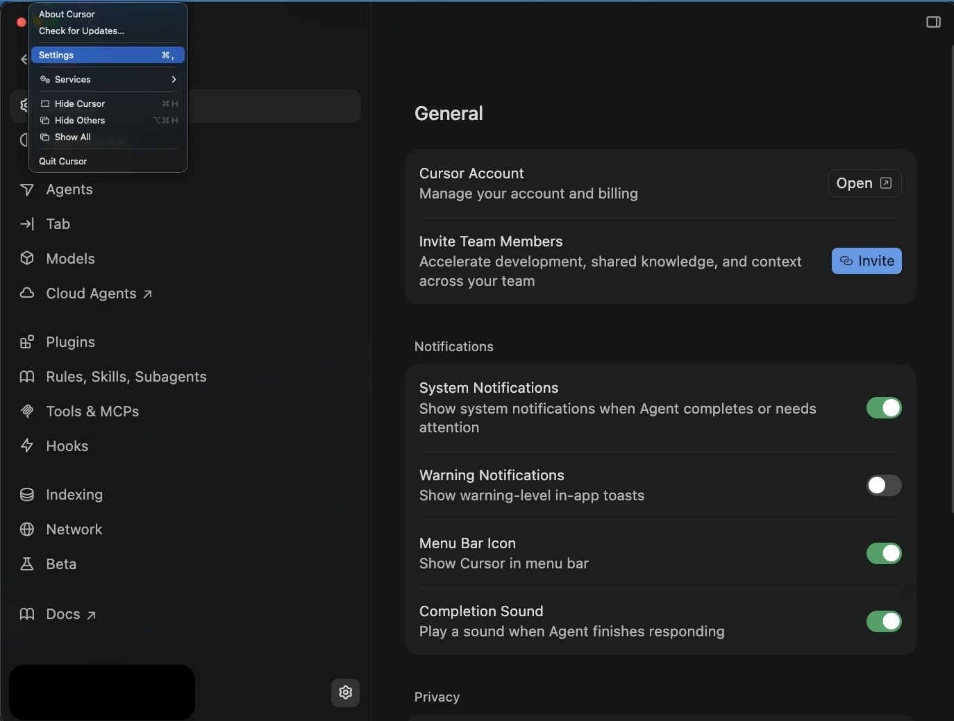 Menu de Cursor con Settings