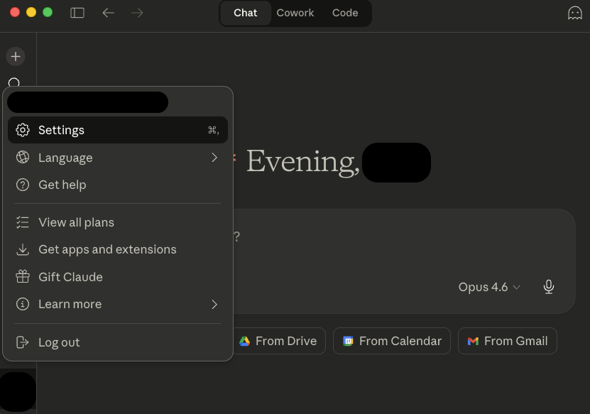Menu de Claude Desktop con Settings