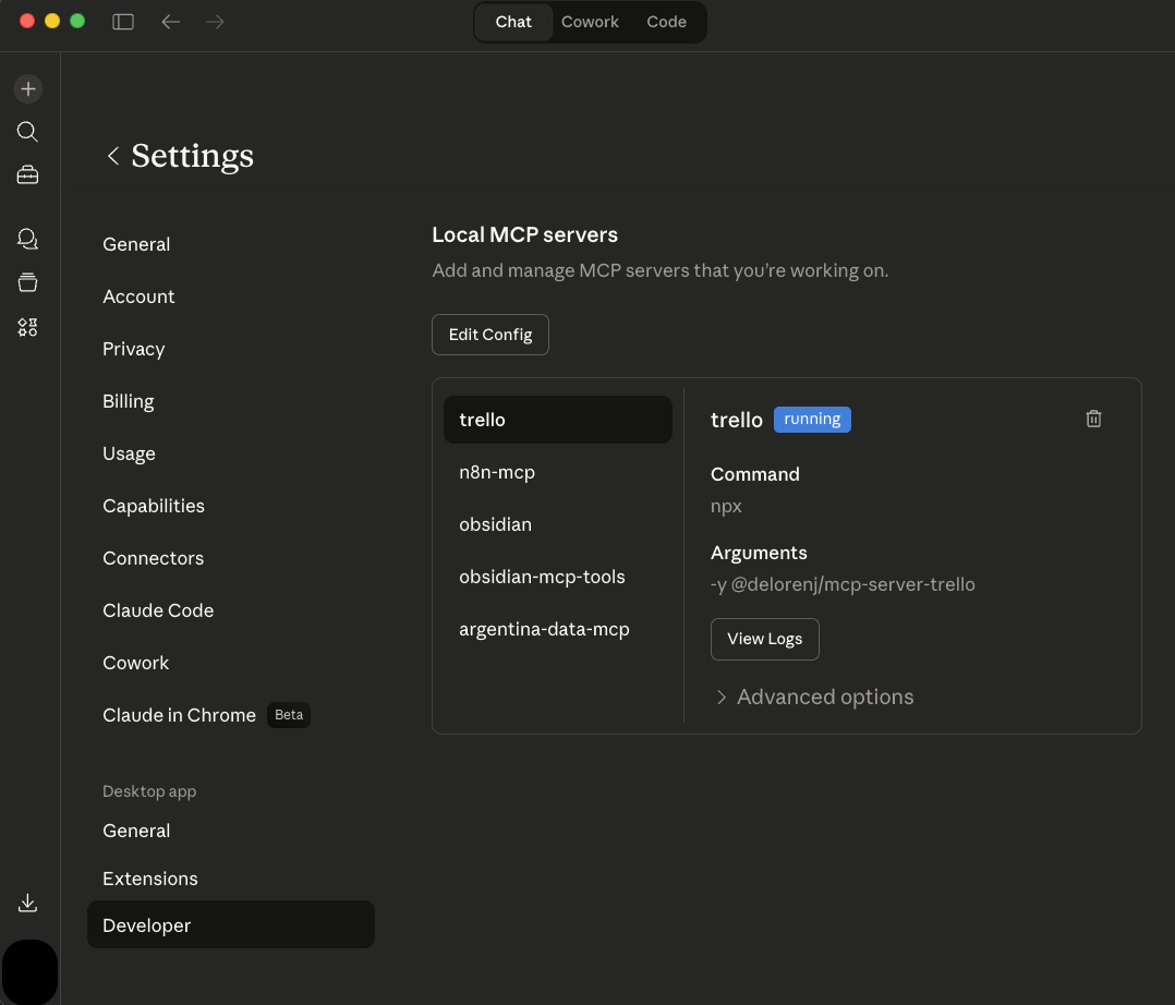 Developer settings con Edit Config